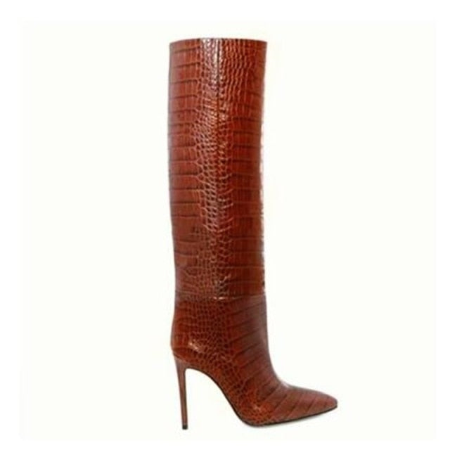 Clearance - Croc Print Leather Knee High Boots