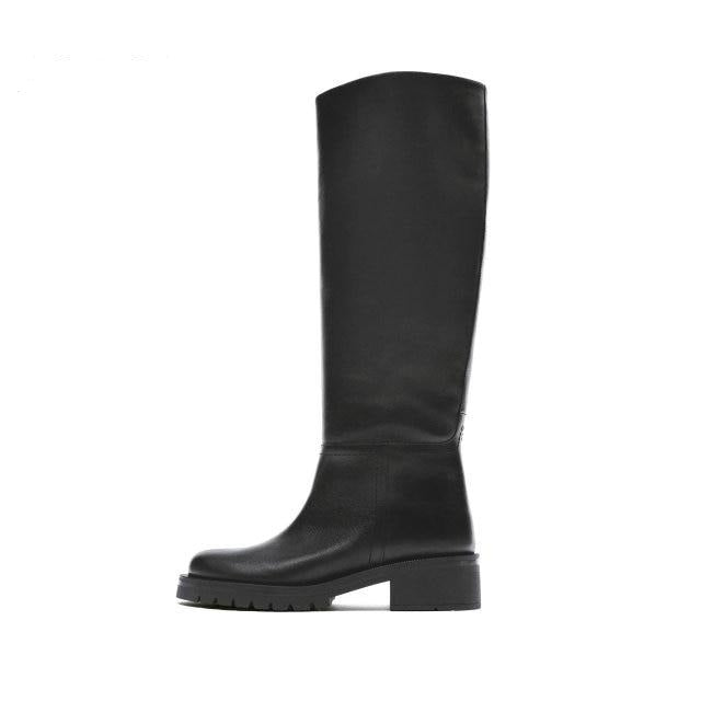 Leather Low Heel Knee-High Boots