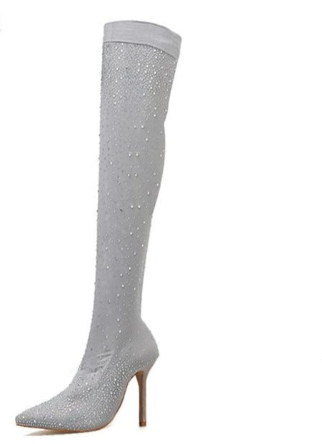 Rhinestone Thigh High Fabric Sock Boots