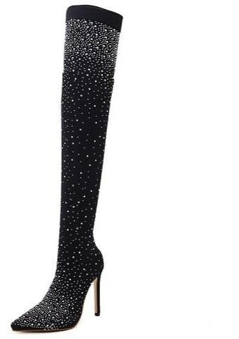 Rhinestone Thigh High Fabric Sock Boots