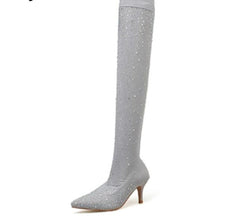 Rhinestone Thigh High Fabric Sock Boots