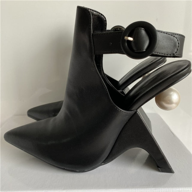 Leather Pearled Pointed Toe Ankle Boots