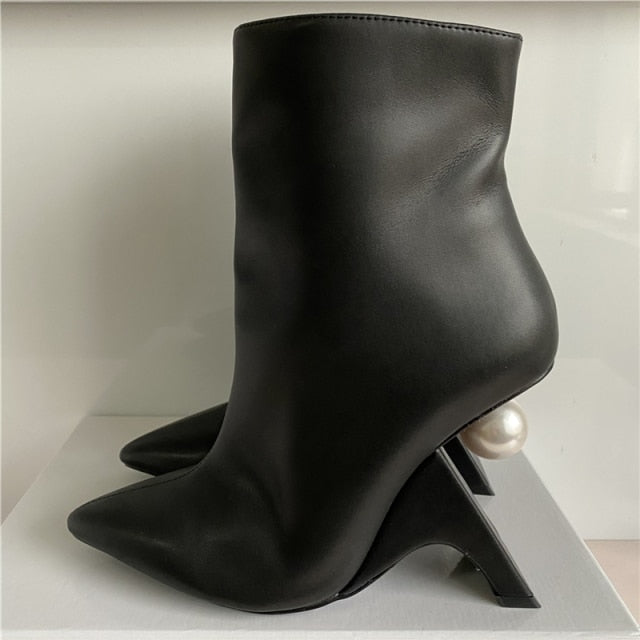 Leather Pearled Pointed Toe Ankle Boots