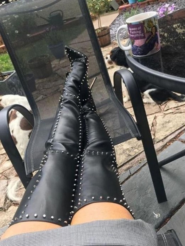 Louboutin Inspired Genuine Leather Black Rivet Thigh High Boots