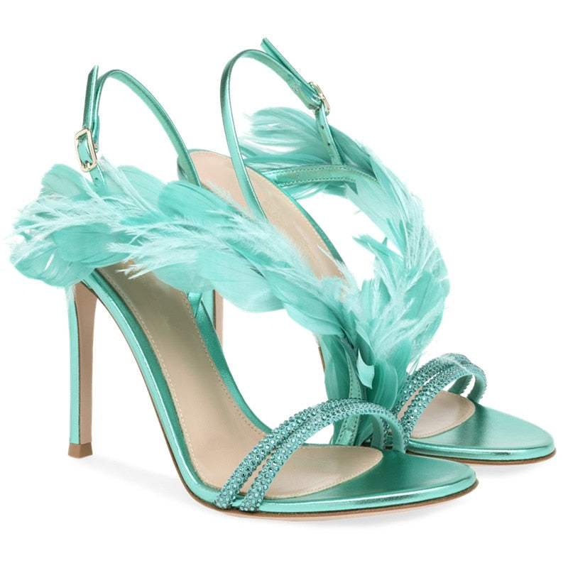 Feathered One Strap High Heel Sandals