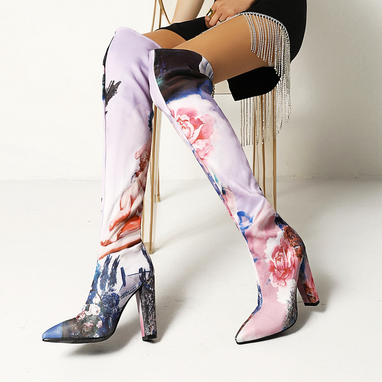 Floral Print Thick Heel Over-The-Knee Boots