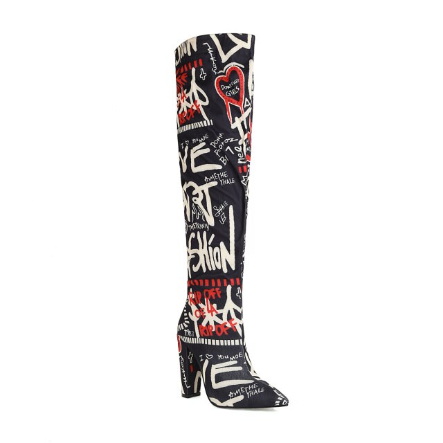 Floral Print Thick Heel Over-The-Knee Boots