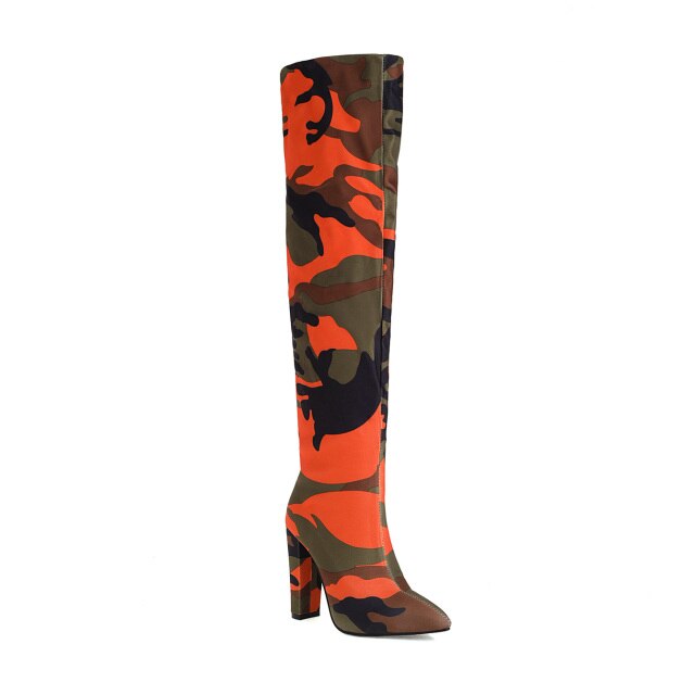 Floral Print Thick Heel Over-The-Knee Boots