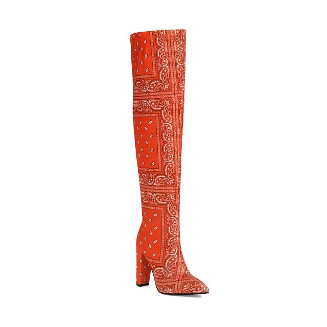 Floral Print Thick Heel Over-The-Knee Boots