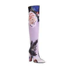 Floral Print Thick Heel Over-The-Knee Boots