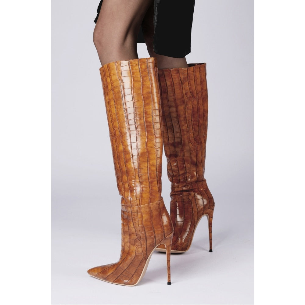 Stone Pattern Knee High Boots