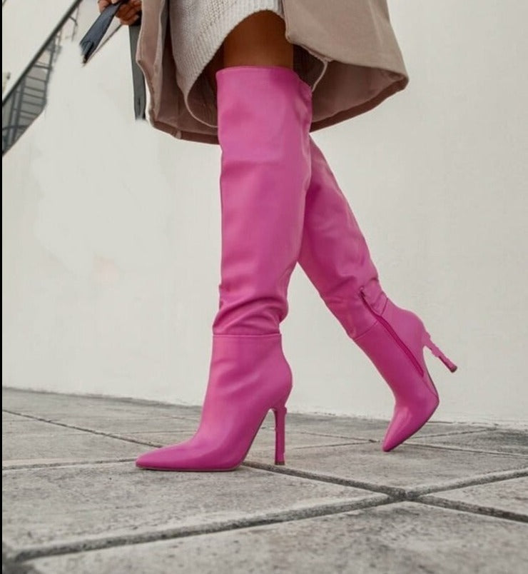 Pink Side Zip Knee High Stiletto Boots