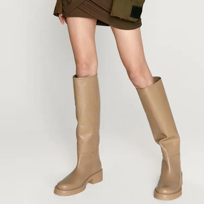 Leather Low Heel Knee-High Boots