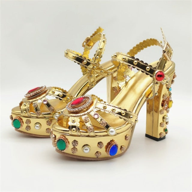 D&G Inspired Gold Leather Ankle Strap Sandals Multicolor Crystal Heels Pumps