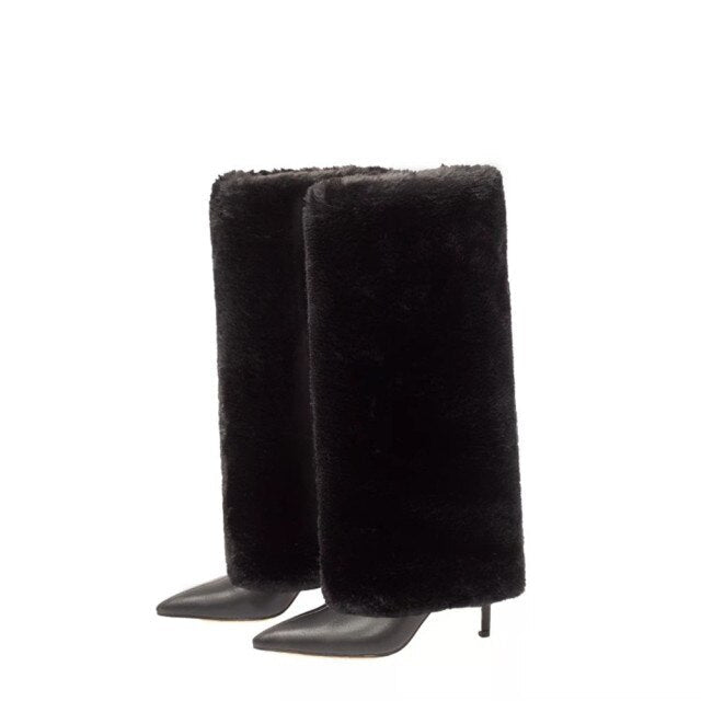 Leather Fur Design Knee High Boots