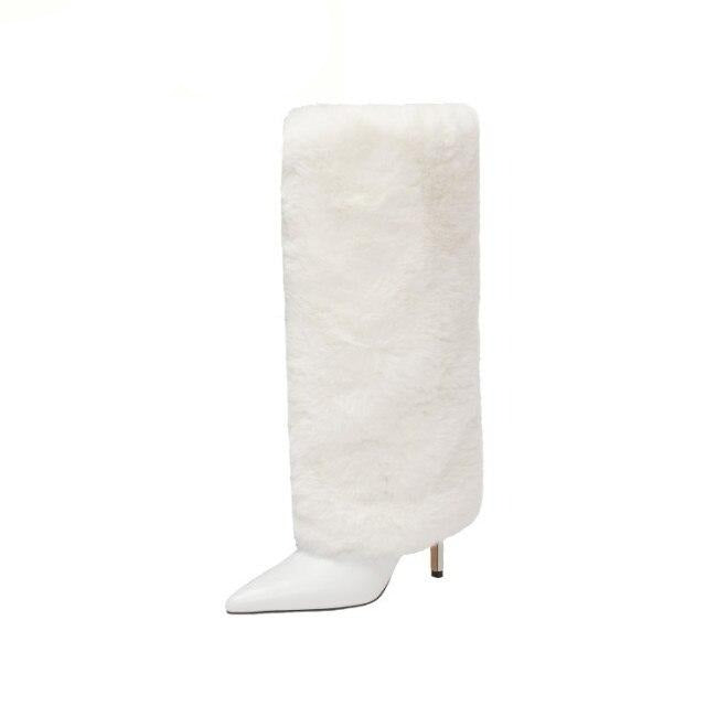 Leather Fur Design Knee High Boots