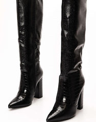 Croc Print Block Heel Knee High Boots