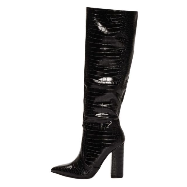 Croc Print Block Heel Knee High Boots