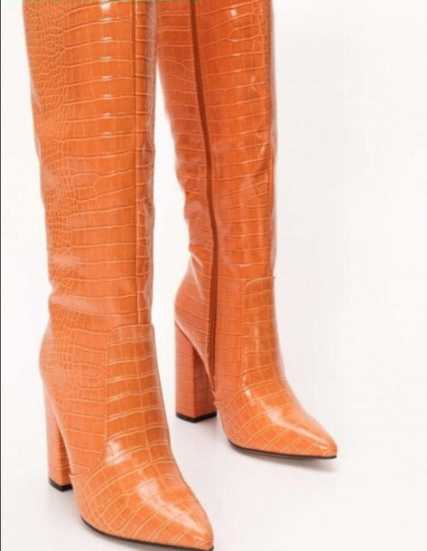 Croc Print Block Heel Knee High Boots