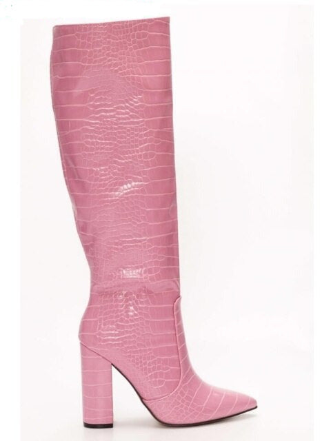 Croc Print Block Heel Knee High Boots