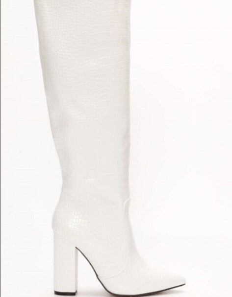 Croc Print Block Heel Knee High Boots