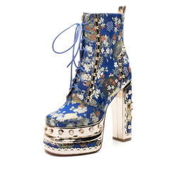 Floral Tapestry With Pearls Ankle Boots