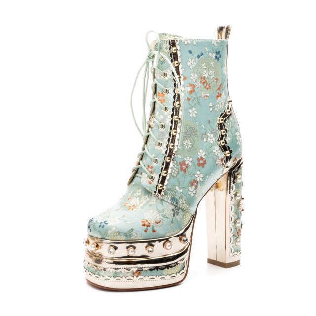 Floral Tapestry With Pearls Ankle Boots