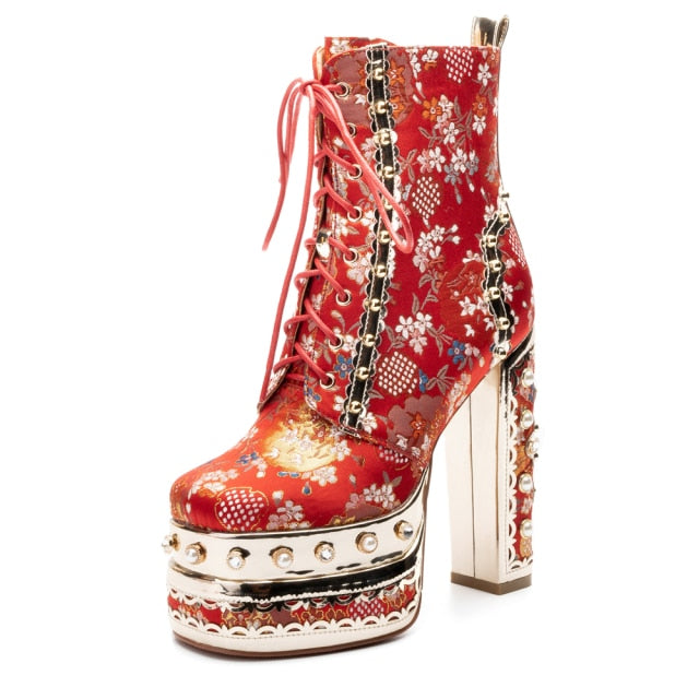 Floral Tapestry With Pearls Ankle Boots