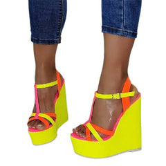 Mixed Color T-Strap Wedge Sandals