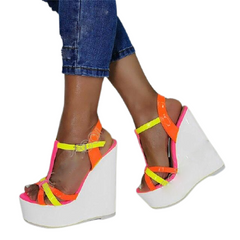 Mixed Color T-Strap Wedge Sandals