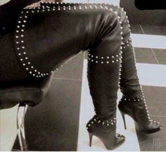 Louboutin Inspired Genuine Leather Black Rivet Thigh High Boots