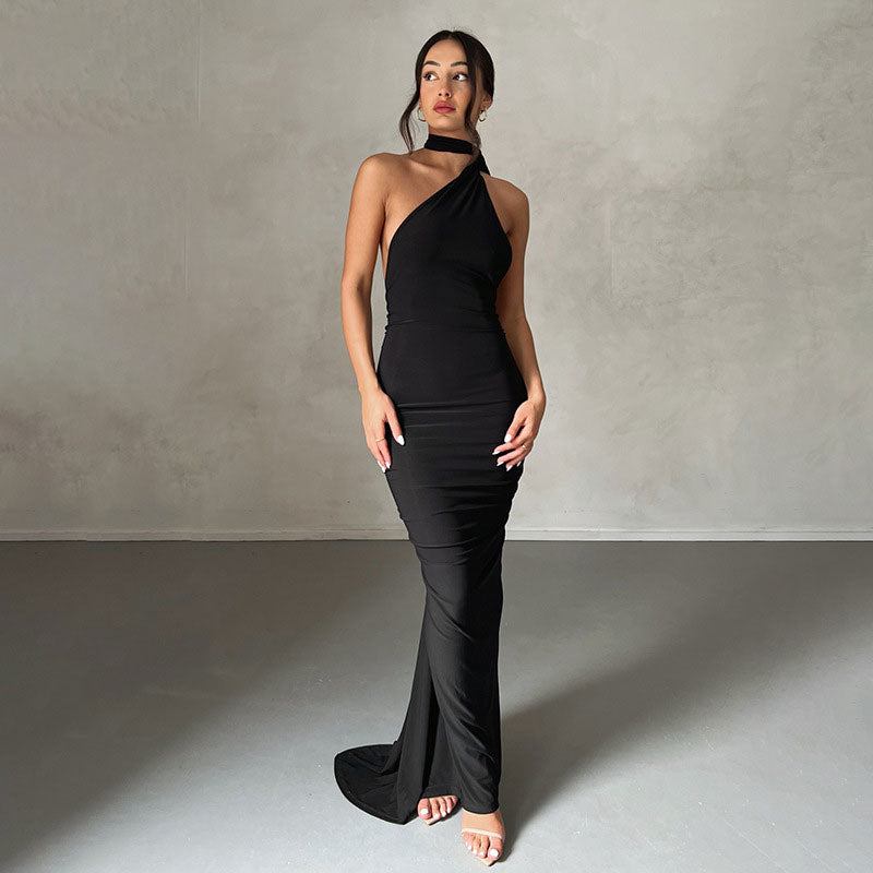 Solid Color One Shoulder Ruched Backless Evening Maxi Dress - Black