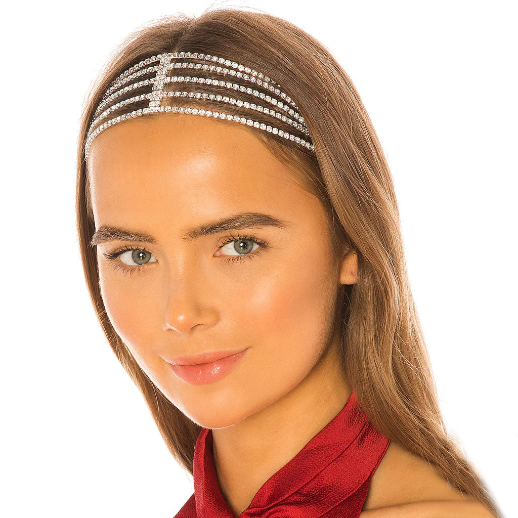 Sparkly Rhinestone Embellished Layered Tassel Headband - Silver