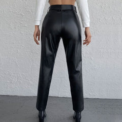 Striking High Waist Buckle Trim Side Pocket Vegan Leather Pants - Black