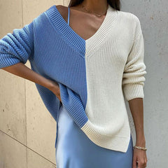 Stylish Contrast Color V Neck Drop Shoulder Long Sleeve Sweater - Blue