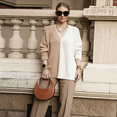 Stylish Contrast Color V Neck Drop Shoulder Long Sleeve Sweater - Khaki