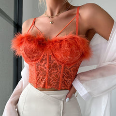 Whimsical Faux Fur Sweetheart Neck Sheer Lace Crop Corset Top - Orange